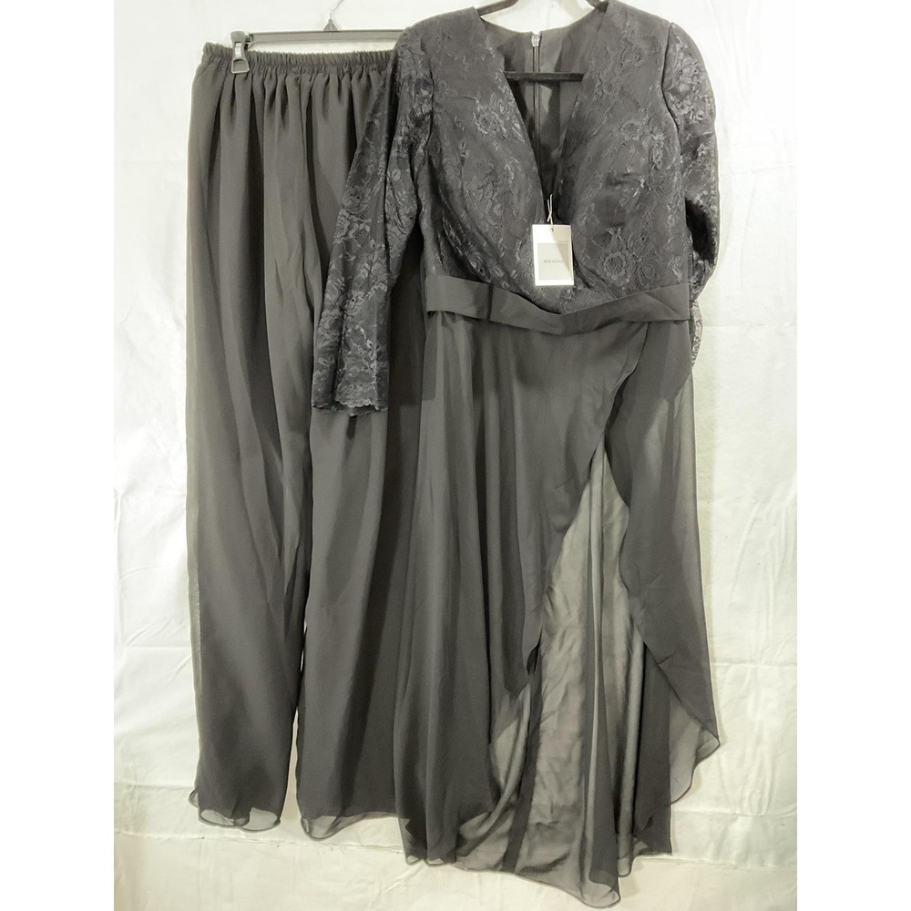 NEW VOGUE Dress Pants Set Womens XL Gray Lace Chiffon Long Sleeve Formal Wedding